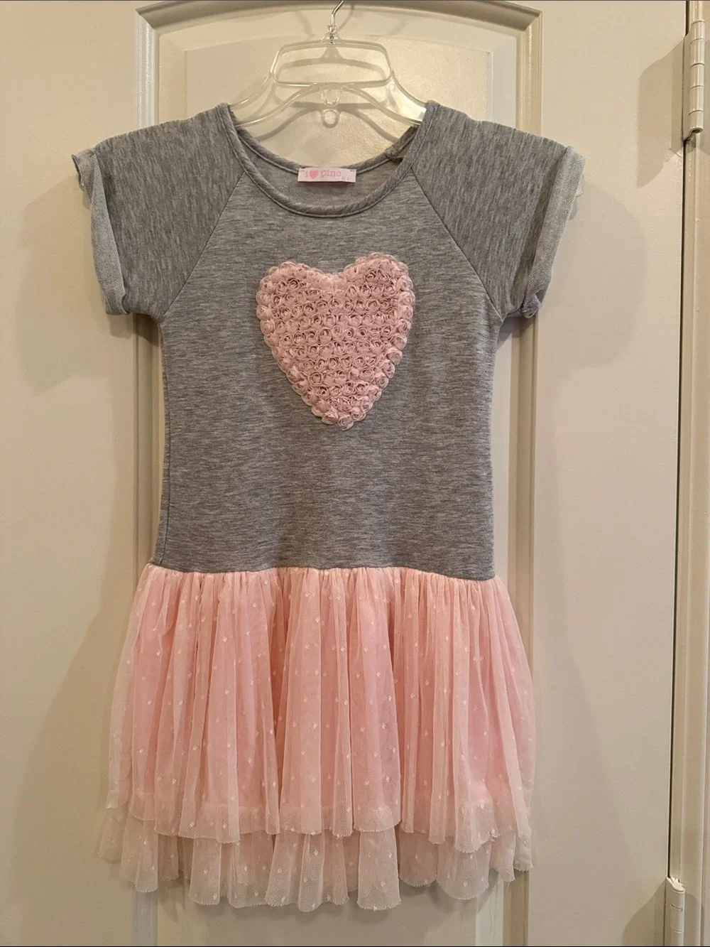 Girls' Grey Knit Dress with Pink Heart and Pink Tulle Skirt
